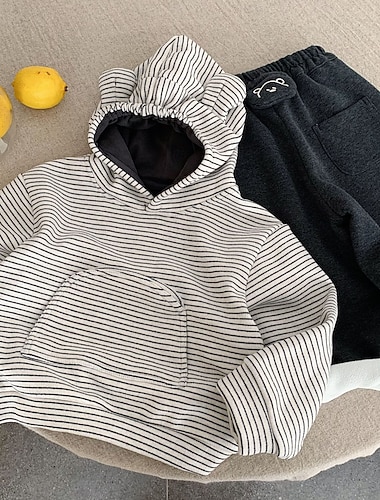  Barn Pojkar Huvtröja Rand Långärmad Ficka Håller värmen Höst Vinter Mode Dagligen Grundläggande Polyester Utomhus Ledigt