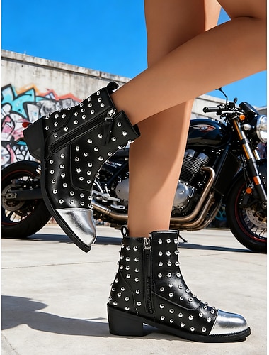  damskie czarne, ćwiekowane buty motocyklowe za kostkę ze srebrnym noskiem – styl punkrockowy, idealne na przejażdżki motocyklowe, do noszenia na ulicy i na co dzień