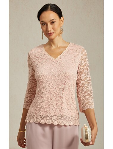  Damen Spitzenbluse Bluse Blumen Elegant Langarm V Ausschnitt Normale Oberteile Hochzeitsgast Täglich Süße Outfits Spitze Rosa Sommer Frühling Herbst Winter