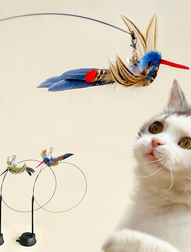  Bezdotykowa różdżka dla kotów z piórami i dzwonkiem, mocna przyssawka, interaktywna zabawka dla kotów, kociąt, do polowania, ćwiczenia, produkty dla zwierząt