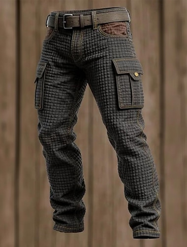  Herren Waffel Cargo-Hosen Hose Freizeithose Patchwork Tasche Elastischer Bund Einfach Komfort Weich Volle Länge Outdoor Lässig Täglich Urlaub Mode Schwarz Grün Unelastisch