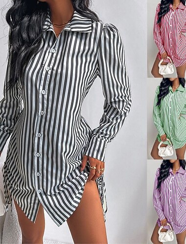  Per donna Mini Abito Abito Camicia Vestito Casual Elegante Moda Moderno Quotidiano Ufficio Ferie Vestibilità regolare A righe Manica Lunga Colletto a Camicia Nero Rosso Viola Verde Primavera Autunno