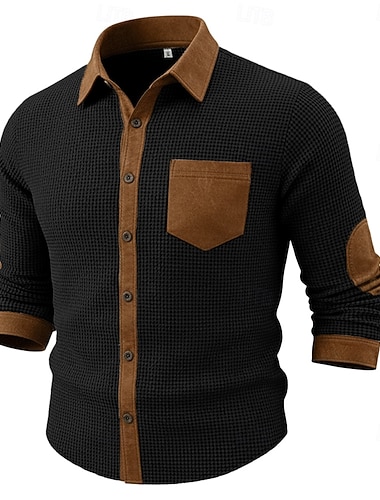  Herren Hemd Waffelhemd Freizeithemd Vintage-Shirt Knopfhemd Schwarz Marineblau Grün Grau Langarm Texture Revers Lässig Täglich Farbblock Bekleidung Mode Modern Smart Casual