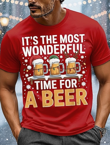  T-shirt de Noël avec motif bière, « C'est le moment idéal pour une bière ! », t-shirt humoristique pour homme sur le thème des fêtes, motif chapeau de Père Noël et chope de bière, idéal comme cadeau