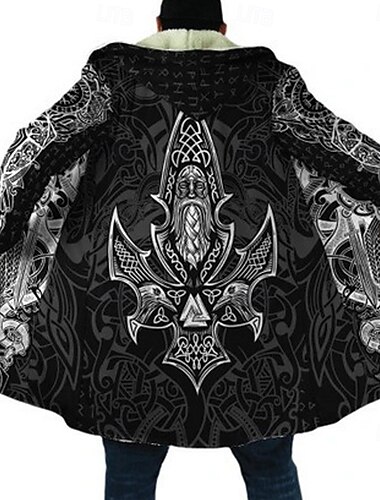  Per uomo Vichingo Cappotto Invernale Giacca in Pile Cappotto Calore Termico Confortevole Casual Abbigliamento quotidiano Cerniera Tasca Stampa 3D Autunno Inverno Con Cappuccio Manica Lunga Nero 1