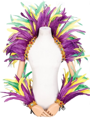  Karneval 2026 Rio Karneval Samba Tilbehør Mardi Gras Fjær Skulder Epauletter  Mansjetter Sett - Lilla Grønn Gull Rhinestone Karneval Showgirl Kostyme Brasil Festival Opptreden Kostyme