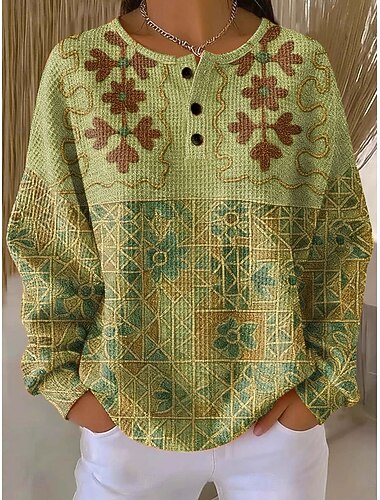  Damen Pullover Sweatshirt Knöpfe Druck Blumen Grafik Paisley-Muster Vintage Lässig Langarm Rundhalsausschnitt Normale Oberteile Lässig Straße Alltagskleidung Blau Schwarz Grün Kaffee Frühling Herbst