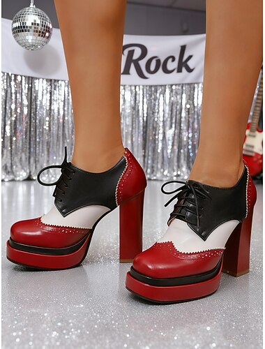  Γυναικεία κόκκινα και μαύρα τακούνια πλατφόρμας σε χρωματικό μπλοκ με λεπτομέρεια με κορδόνια - ιδανικά για πάρτι με θέμα τη ντίσκο της δεκαετίας του 1980, βραδινές εξόδους και ειδικές εκδηλώσεις
