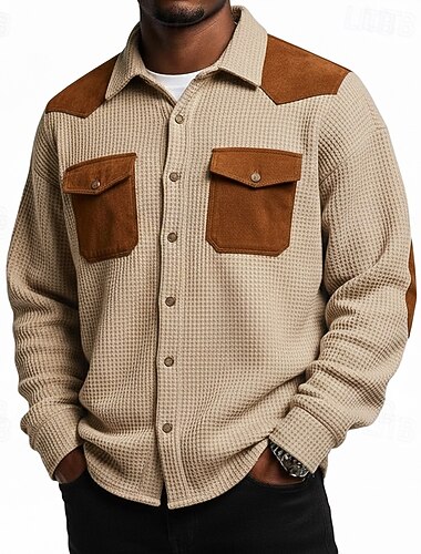  Męskie Koszula Koszula waflowa Codzienna koszula Koszula w stylu vintage Zapinana na guziki koszula Koszula cargo Czarny Khaki Długi rękaw Kolorowy blok Klapa Na zewnątrz Codzienny Niejednolita całość