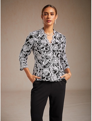  Per donna Top Eleganti Ricamato Floreale Paisley Elegante Manica 3/4 Scollo a V Top Regolari Lavoro Festa serale Semi-Formale Nero Primavera Autunno Inverno