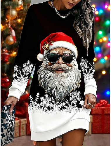  クリスマス 女性用 ミニドレス セータードレス シフトドレス 旅行度假风 カジュアル 祝日 デート レギュラー グラフィック サンタクロース 長袖 クルーネック ホワイト ルビーレッド 春 秋 冬