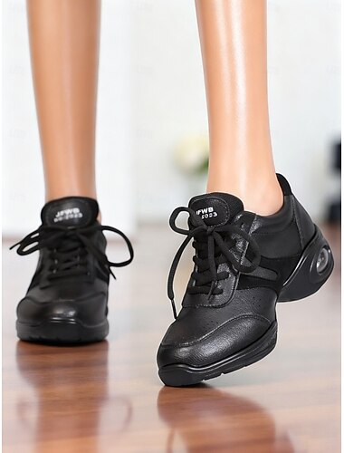  Zwarte veterschoenen voor dames in jazzstijl - ademende ballroom oefenschoenen met gespleten zool voor latin, hiphop en podiumoptredens