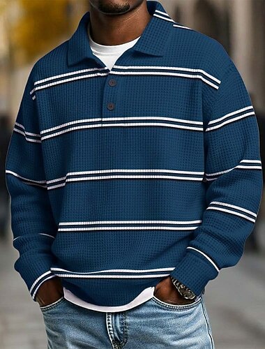  Herre Horisontale strimler Vaffel poloskjorter Rugby Polo Med Tekstur Langærmet Polo skjorter Knaphul Sportstøj Afslappet Skole atletiktøj Dagligdagstøj 3D-udskrivning Forår Efterår Vinter Blå Rød