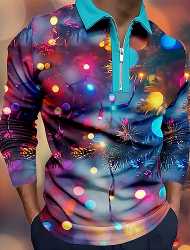  Noël Homme Lanternes Polo manche longue Polos Revers Occasionnel Tenue quotidienne Tenue de fête Impression 3D Polo à fermeture éclair 1/4 Printemps Automne Hiver Bleu