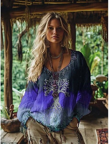  Dame Boho T-skjorte Grafisk Geometrisk Elegant Bohem Årgang Langermet V-hals Vanlige topper Daglig Helg 3D-utskrift Blå Rød Lilla Grønn Sommer Vår Høst Vinter