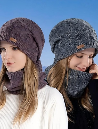  Conjunto de gorro e cachecol de inverno feminino para ciclismo ao ar livre, com forro de lã polar, protetores de orelha e gorro de duas peças para esportes em clima frio.