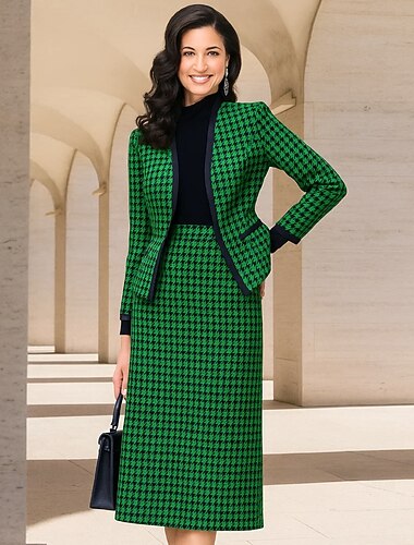  Todelt Linjeform Te-lengde Cocktail Kjole Langermet V-hals Elegant Årgang Fest Formell Polyester Kjole til brudens mor med Fargeblokk