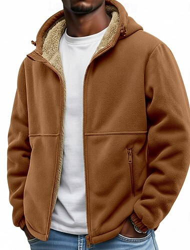 Herr Utomhusjacka Fleece-jacka Huvtröja Formell Hem Huva Fleece Höst Vinter Ensfärgat Aktiv Dagligen Huva Normal Svart Marinblå Brun Grön Jacka