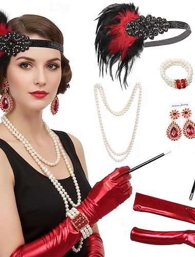  Set Goldene Zwanziger 1920er Flapper-Stirnband Kopfbedeckung Zubehörset Der große Gatsby Flapper-Mädchen Kostüm Damen Weihnachten Karneval Maskerade Retro-Mottoparty Charleston-Tanz Erwachsene