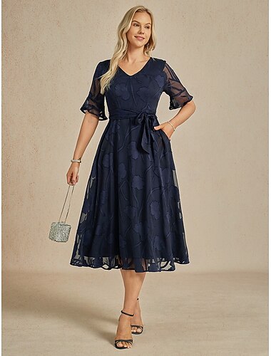  Damen Midikleid A Linie Kleid Elegant Täglich Hochzeitsgast Date Spitze Rüsche Durchsichtige Ärmel Normale Passform Blumen Kurzarm V Ausschnitt Marineblau