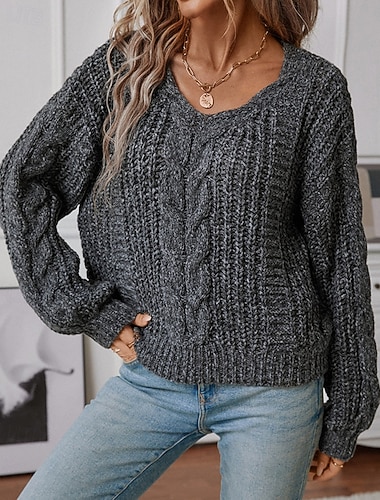  Жен. Вязаная ткань Пуловер Винтаж Уличный стиль На каждый день Сплошной цвет V-образный вырез Трикотаж Длинный рукав Обычные топы Вязать Повседневные Праздники На выход Черный Хаки Осень Зима