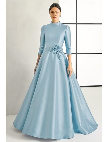  A-Linie Bodenlang Abendkleid Ballkleid Festliche Kleidung Elegant Glitzernd seidig Langarm Hoher Ausschnitt Hochzeit Formell Tasche Satin mit Falten Tasche