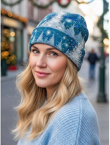  כובע כפת סרוג לחג המולד לנשים, בד פוליאסטר, עיצובים חגיגיים של פתיתי שלג ועץ, כיסוי ראש חורף לחג למסיבות וחגיגות חג המולד