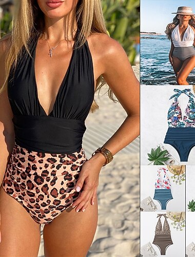  Жен. Купальники Один кусочек Монокини купальник Утягивание живота Завышенная Тонкие Открытая спина Отпуск Одежда для пляжа Цветочный принт Леопард Окунуться Без рукавов Купальники