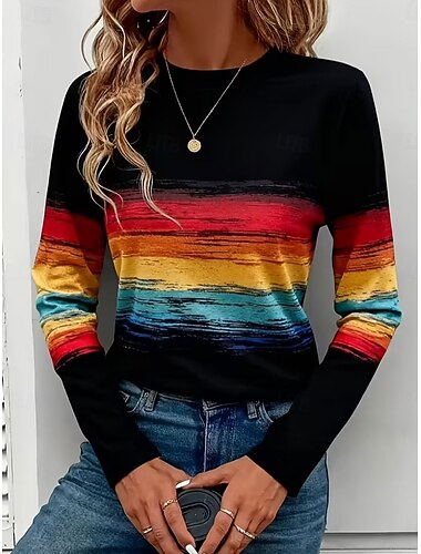  Damen T Shirt Druck Grafik Gestreift Vintage Stilvoll Klassisch Langarm Rundhalsausschnitt Normale Oberteile Täglich Wochenende Schwarz Frühling Herbst Winter
