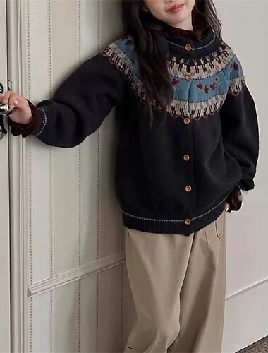  Barn Jente Cardigan genser Grafisk utendørs Langermet Knepp opp Årgang 4-12 år Høst Svart