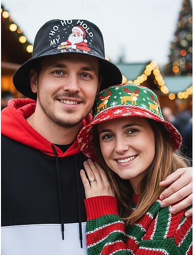  Weihnachts-Bucket-Hat für Damen, Polyestermaterial, festlicher Weihnachtsmann- und Rentier-Print, festliche Kopfbedeckung für Partys und Winterfeste