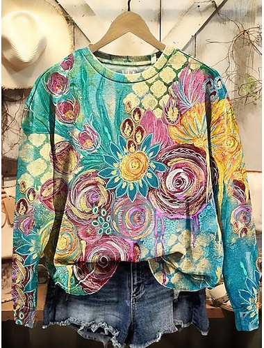  Damen Pullover Sweatshirt Patchwork Blumen Grafik Lässig Langarm Rundhalsausschnitt Normale Oberteile Lässig Straße Alltagskleidung Blau Gelb Herbst Winter