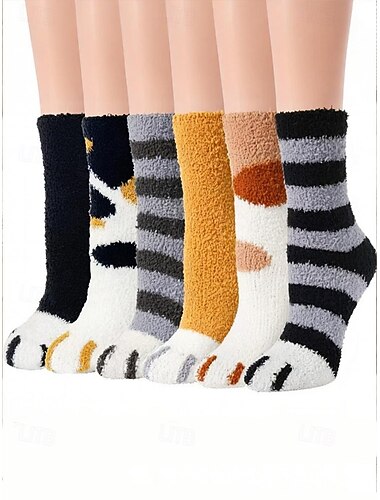  Meias femininas de algodão misto, conjunto de 6 pares com estampa de pata de gato, diversas cores, macias e confortáveis para uso diário.