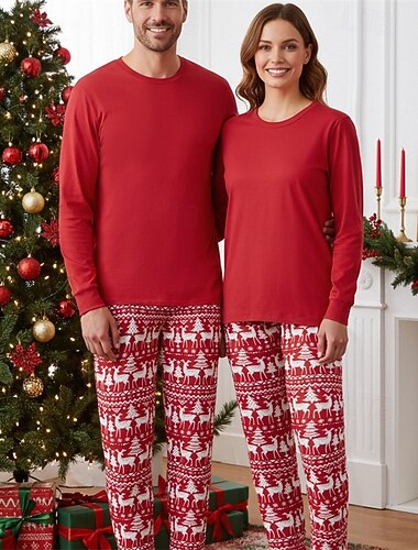  Mirada familiar Navidad Pijamas navideños familiares Familia de Navidad Pijamas Graphic Árbol de Navidad Venados Regalos de Navidad Estampado Rojo Manga Larga Vacaciones Trajes a juego
