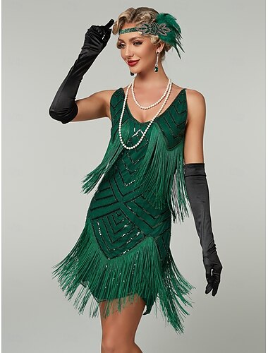  Glada 20-talet 1920-talet Mini Flapper-klänning Ärmlös Den store Gatsby Paljetter Frans Rundhals Maskeradkläder Dam Jul Karnival lönnkrog Maskerad Retro-temafest Vuxen Klänning Handskar