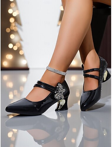  ラインストーンバタフライ付きレディースパテントレザーメリージェーンヒール - ナイトライフや特別なイベントにぴったりの華やかなレトロパーティーシューズ