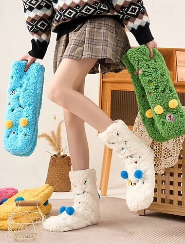  漫画の刺繍動物レディースソックス秋冬厚手ラムフリース心地よいスリープソックス柔らかく暖かいホームフロアソックス滑り止めふわふわ室内ラウンジウェア