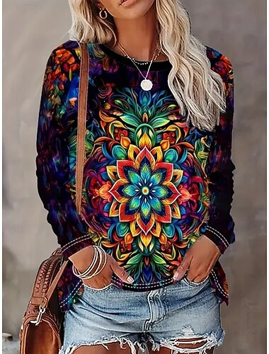  女性用 Tシャツ グラフィック 曼荼羅 ジオメトリ ヴィンテージ スタイリッシュ カジュアル 長袖 クルーネック レギュラートップス 日常 週末 プリント ブラック 秋 冬