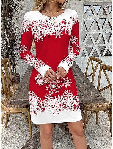  Joulun naisten minimekko T-paitamekko tee-mekko shift-mekko loma rento loma normaali istuvuus graafinen pitkähihainen crew neck valkoinen viini punainen syksy talvi