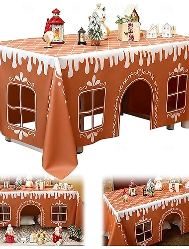  piparkakkutalon joulupöytäliina, juhlava maalauspöydänliina, juhlava talvikuvioinen liina juhla-, ruokailu- ja keittiösisustukseen, interaktiivinen leikkimökki leikkisillä ikkunoilla