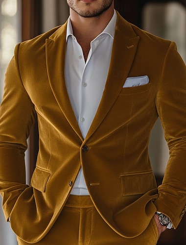  אנשיו של עֵסֶק קזו'אל חליפת קטיפה דש קלאסי שחור צהוב יומי עסקים אחיד גזרה מחוייטת סט 2 חלקים שני לחצנים עם חזה יחיד