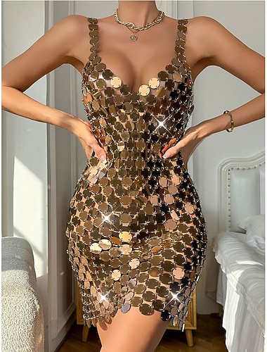 Robe Mini en Sequin Doré Glamour pour Femmes Samba Dancewear - Tenue de Soirée  Costume de Performance en Corps Moulant Métallique Étincelant