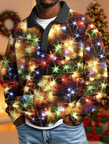  Weihnachten Herren Laternen Waffel-Poloshirts Langarm Polo-Shirts Hemden mit Kragen Lässig Alltagskleidung Festival-Outfit Knöpfe Frühling Herbst Winter Schwarz 1 Schwarz 2 Schwarz