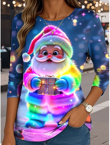  クリスマス 女性用 Tシャツ プリント グラフィック サンタクロース ヴィンテージ ファッション スタイリッシュ 長袖 クルーネック ラウンドネック レギュラートップス 日常 週末 ブルー ルビーレッド パープル フクシャ グリーン 夏 春 秋 冬