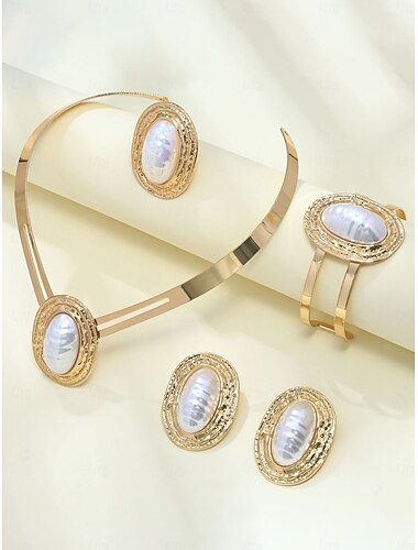  סט תכשיטי זהב לנשים עם פנינים מלאכותיות - שרשרת, צמיד וטבעת בהשראת וינטג' &עגילים למסיבה, חתונה או אירועי ערב