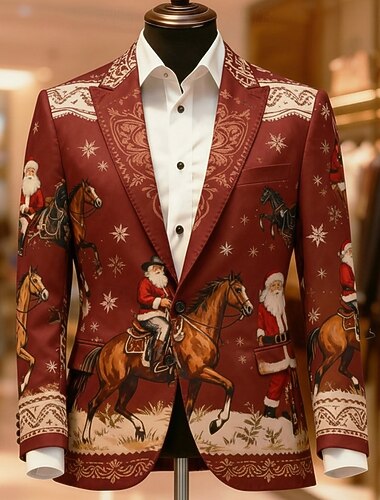  عيد الميلاد المجيد رجالي بابا نويل جاكيت بليزر معطف مريح متنفس فني كاجوال ملابس الحفلات والسهرات مناسب للبس اليومي مهرجان طباعة ثلاثية الأبعاد Buttons خريف & شتاء حز كم طويل أزرق أحمر بني