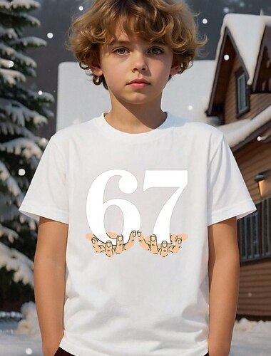  Bomull Barn Gutt Svart Hvit Grafisk Morsom slang 67 T skjorte Bluse Crew-hals Kortermet utendørs Hverdag Mote Gatemote Designer Printer Sommer