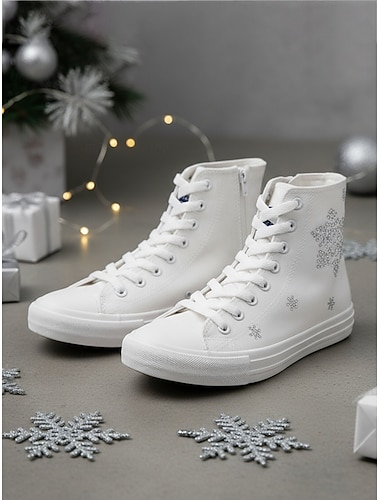  Dámské bílé vysoké zimní tenisky – s kamínky ve tvaru sněhových vloček, ležérní vánoční pouliční styl, ideální na sváteční outfity, procházky venku, cestování i každodenní nošení