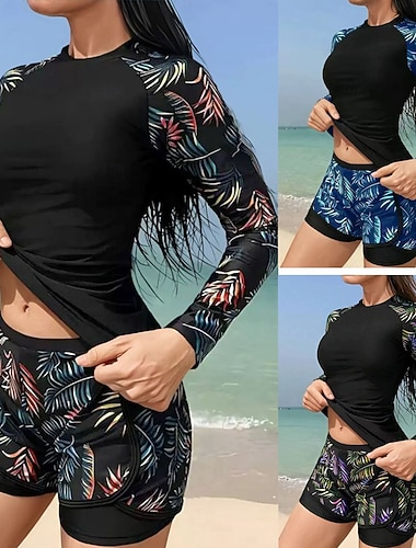  Frauen Tankini 2teilig Badeanzug Palm Hohe Taille Bauch Kontrolle Hohe Taille Slim Urlaub Strandbekleidung Blumen Blätter Rundhals Langarm Badeanzüge