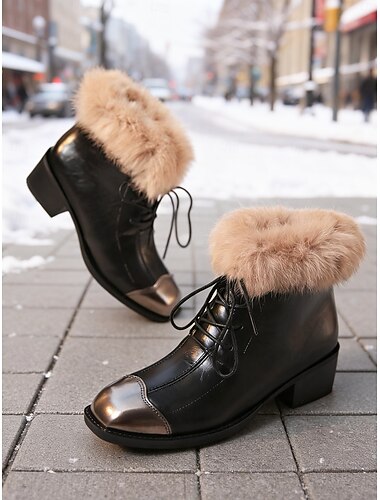  حذاء نسائي بني اللون برباط عند الكاحل مع أطراف من الفرو الصناعي - حذاء شتوي أنيق، مثالي للطقس الثلجي والنزهات اليومية والسفر في العطلات